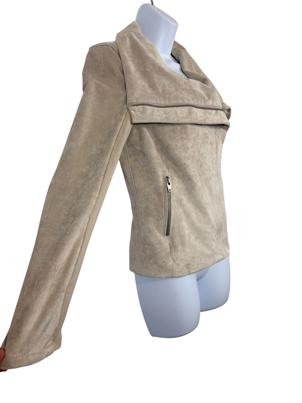 SL8 Beige Faux Suede Moto Jacket Size Small Asymmetrical Zip Draped Collar - Picture 3 of 14